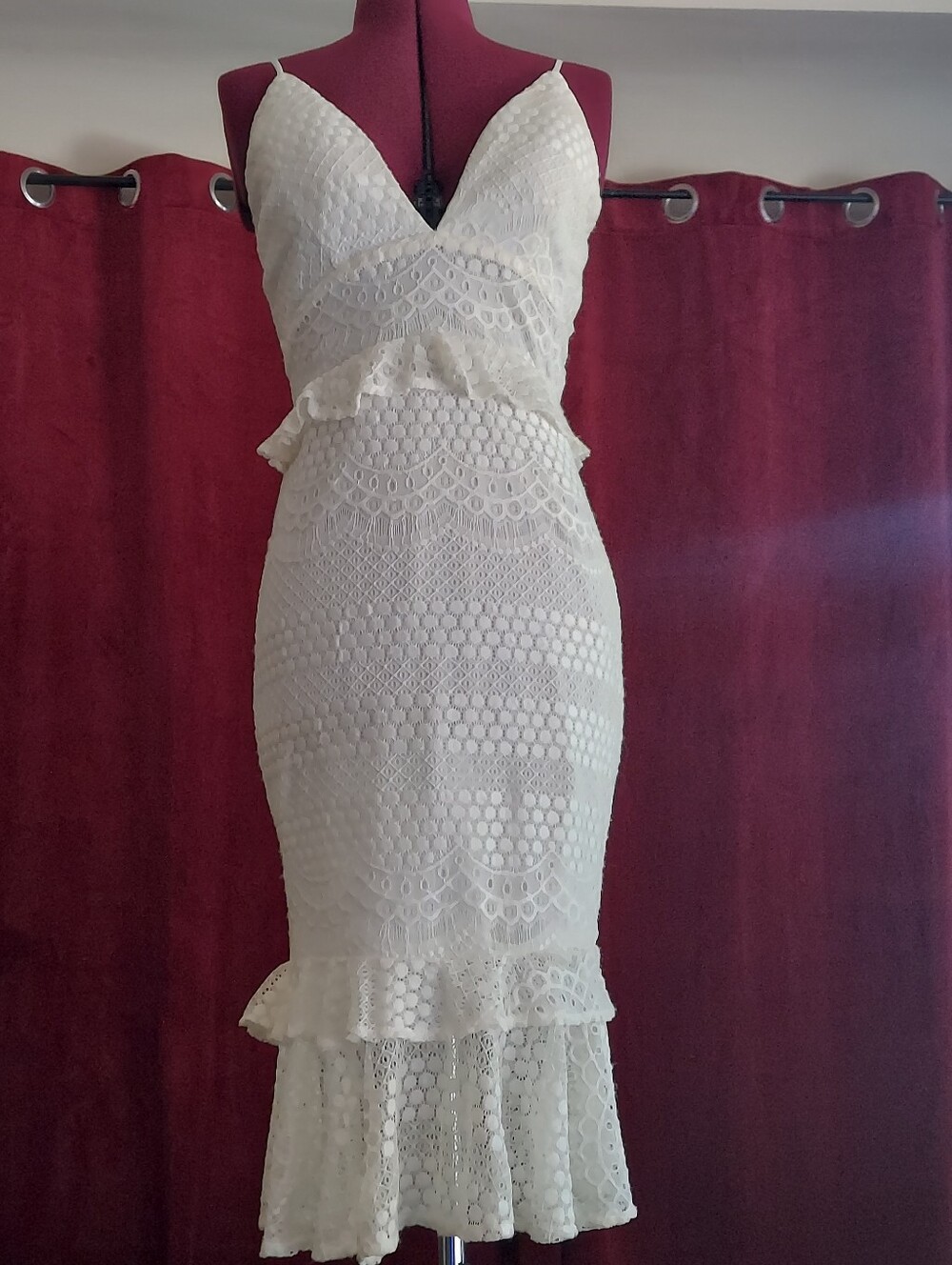 Off White Mixed Pattern Mesh Peplum Sheath Midi Dress - Sz. L